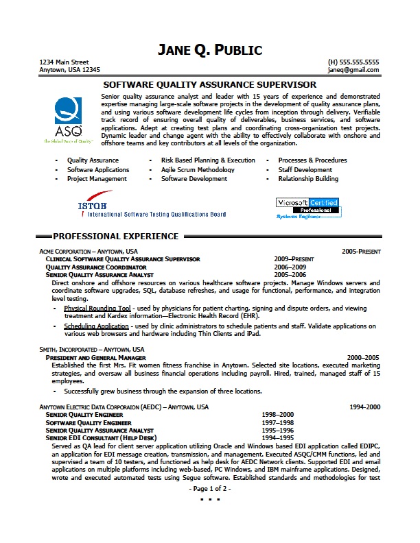 Qa resume with sql experience