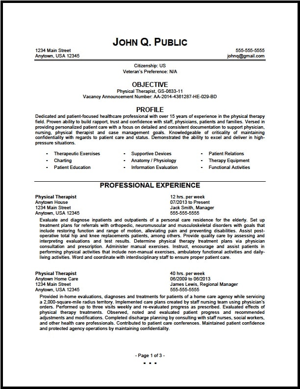 Physical therapist resume format